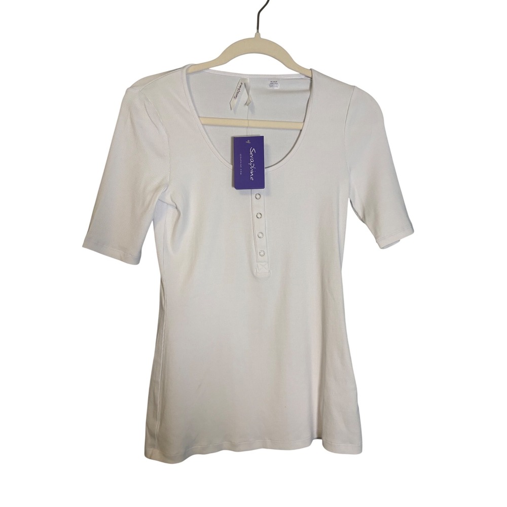 NWT Seraphine Maternity Ribbed Scoop Neck Henley Short Sleeve White Size Small
